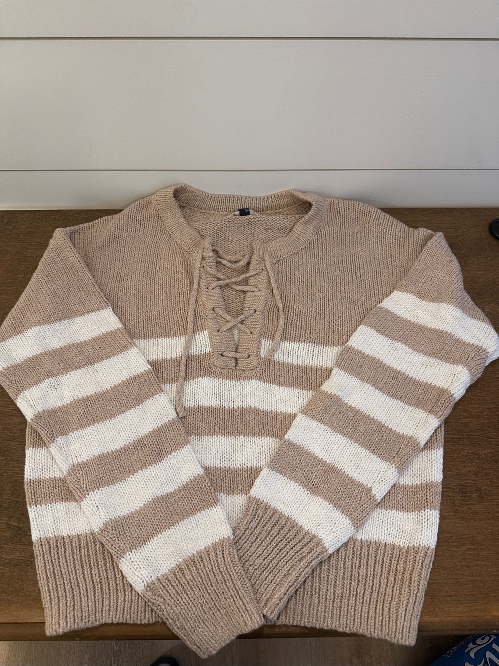 Universal Thread Lace-Up Crewneck Sweater - Beige & Cream Stripes